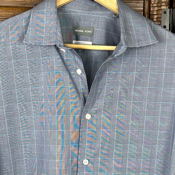 Michael Kors Non Iron Shirt Men's Size 17 32/33 Cotton Button Up Blue Plaid - Picture 4 of 7